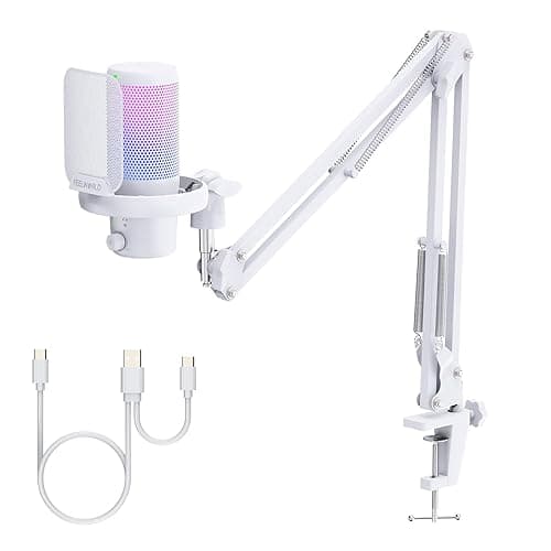 FEELWORLD VM1 White Gaming PC USB Microphone Condenser Mic with Noise Cancellation Mute RGB Light, Computer Accessories Gifts for Gamer YouTube Twitch Podcast Streaming Recording Online Chat PS4 PS5 - White