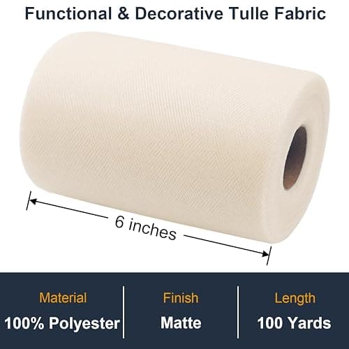 Ivory Tulle Fabric Roll 6 Inch by 100 Yards (300 ft) Tulle Ribbon Sheer Mesh Netting for DIY Tutu Skirt Gift Wrapping Wedding Baby Shower Birthday Halloween Party Decorations Crafts, 34 Colors (Ivory) thumbnail 2