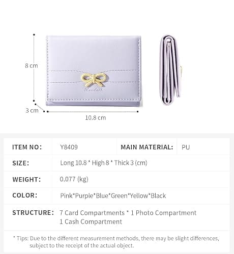 Cute Wallet Coquette Bow Small Wallet Tri-folded Aesthetic Bifold RFID Blocking Card Holder Leather Mini Short Coin Purse with ID Window for Women Girls Ladies -Purple thumbnail 3