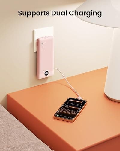 Coowisty Portable Charger Built-in Cables and Wall Plug, 10000mAh Slim USB C Power Bank, LED Display External Battery Pack Compatible with iPhone/Android & More (Pink) thumbnail 5