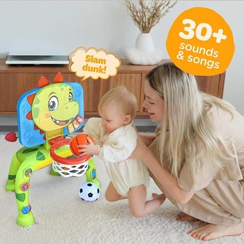 Move2Play, Dinosaur Basketball Hoop & Soccer Goal Activity Center | 30+ Sounds & Songs + 5 Lights | 1 2 3 Year Old for Boys and Girls | Toy & Gift for Baby & Toddlers thumbnail 3