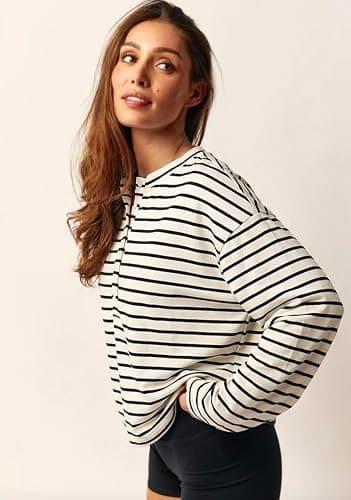 Almere Oversized Cotton Henley Longsleeve Tee, Striped Button Down, Boyfriend Fit thumbnail 2