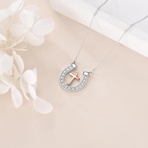 CRMAD Horseshoe Necklace for Women Sterling Silver Horse Cross Pandant Necklace Rose Gold Plated Jewelry Gifts (cross) thumbnail 2