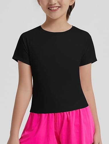 EXARUS Girls Athletic Shirts Workout Short Sleeve Crop Tops/Split Back Quick Dry Teen T Shirt Activewaer Tees Kids 6-14Y thumbnail 2