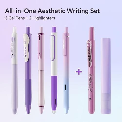 WRITECH Gel Pens Journaling Highlighters: 0.5 &0.7mm Purple Journal Set 7ct | Black & Multicolor Pen Highlighter No Bleed Smooth Writing for Drawing Journaling Teachers Nurses Office Gift thumbnail 5