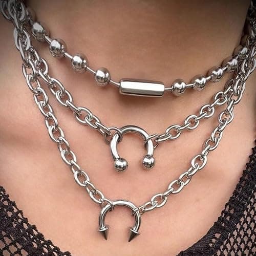 FAJYXTZF Silver Layered Chain Choker Necklace for Women, Punk Y2K Multi-Strand Ball Bead Chain with Pendant, Gothic Statement Jewelry Gift thumbnail 2