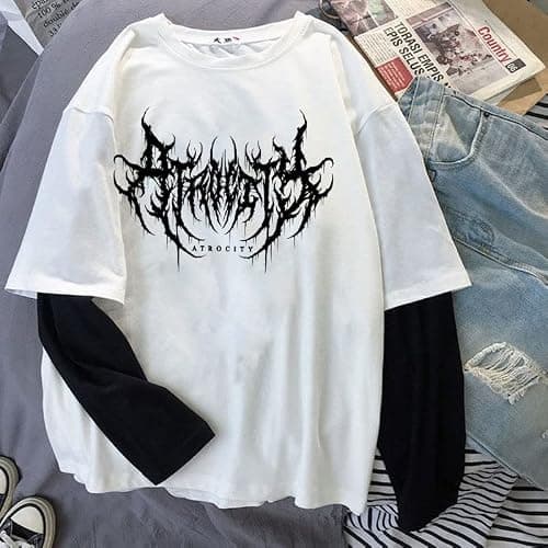 Goth Shirt Gothic Shirt Fake Two-Piece Alternative Clothing Goth Long Sleeve Top Grunge Clothes thumbnail 5
