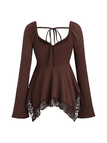 SOLY HUX Women's Long Sleeve Peplum Tops Babydoll Lace Sweetheart Neck Ruffle Asymmetrical Tee Fall Going Out T Shirt thumbnail 2