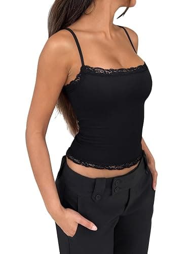 PINKMSTYLE Women's Sexy Square Neck Lace Cami Tank Tops Fitted Double Lined Sleeveless Crop Spaghetti Strap Summer Y2k Tops thumbnail 4