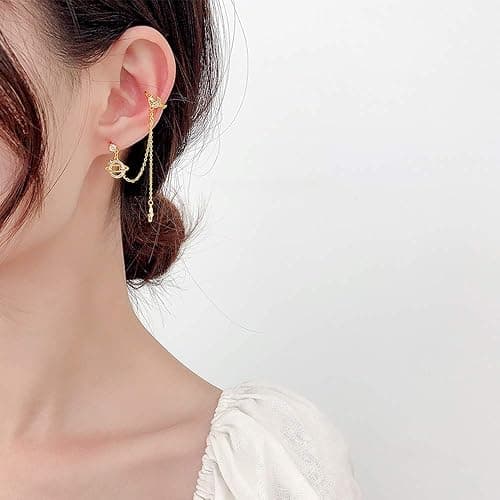 Planet CZ Moon Star Ear Cuff Wrap Clip On Crawler Climber Hoop 925 Sterling Silver Post Stud Chain Threader Tassel Asymmetric Earrings for Women Cute Hypoallergenic Gifts Daughter Bff Christmas thumbnail 7