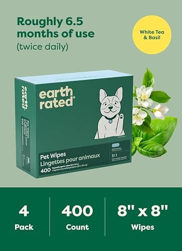 Earth Rated Pet Wipes for Dogs and Cats, Hypoallergenic, 3-in-1 Cleaning, Deodorizing and Hydrating, for Grooming Paws, Body and Butt, New White Tea and Basil Scent, 400 Count thumbnail 8
