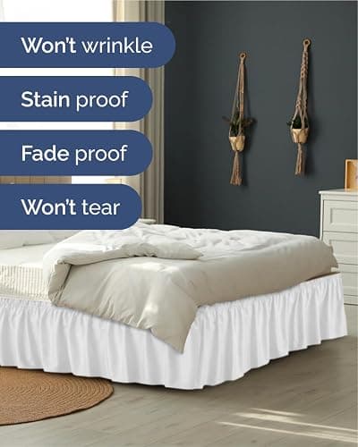 Wrap Around Dust Ruffle Bed Skirt, Full Size Beds - 24 Inch Drop, White | Easy Fit Elastic Strap, Adjustable Pleated Bedskirt w/Brushed Fabric, Wrinkle & Fade Free, for Women, Men, Kids & Teens thumbnail 5
