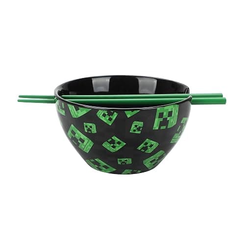 Bioworld Minecraft Creeper Faces 20 Oz Black Ceramic Ramen Bowl With Plastic Chopsticks - Image 1