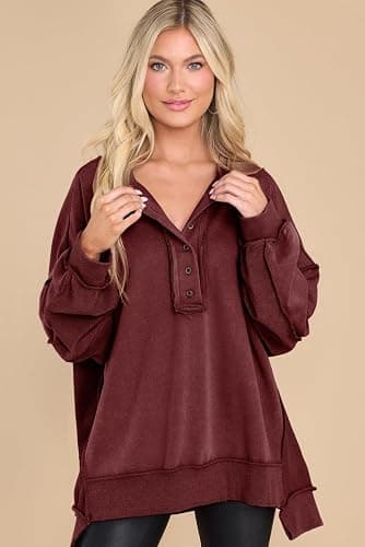 AlvaQ Sweatshirt for Women Oversized Casual Long Sleeve Button Henley Neck Pullover Tunic Tops Fall Fashion Outfits thumbnail 2
