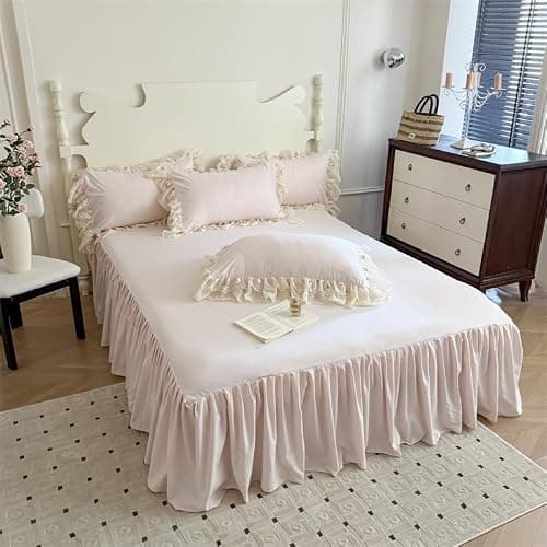 French Chic Bedding Set 4-Piece - Romantic Lace Trim Washed Cotton, Duvet Cover with Bed Skirt & Pillowcases for Queen Bed, Princess Style (Comforter Not Included) (Pink,Queen (U.S. Standard)) thumbnail 7
