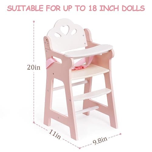 ROBOTIME High Chair for Pretend Play, Wooden Baby Doll Furniture with Safety Belt and Footrest, Fits 18 Inch Dolls, Gift for Ages 3+, White/Pink thumbnail 3