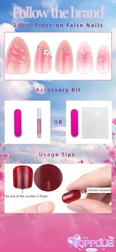 QQPPOLIU Pink Press on Nails Short Almond False Nails With Flower and 3d Coats Design for Girls Spring Nail 24pcs thumbnail 3