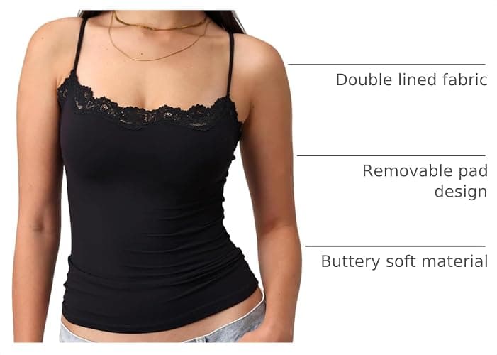 Starrylion Padded Lace Top Double Lined Crop Tank Tops Going Out Cami Shirt | Skin-Tone Lining, Removable Pads, Adjustable Straps, Fitted, Backless, Square Neck, Club, Party, Y2K Going Out Tops thumbnail 4