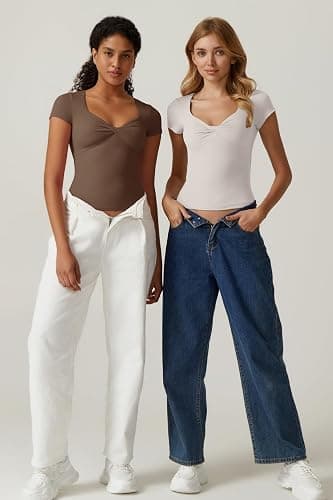 QINSEN Women's Sexy Twist Front V Neck T Shirts Double Lined Short Sleeve Slim Fit Crop Top Trendy Y2K Tops Tee thumbnail 5
