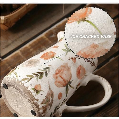 XIUWOUG Vintage Flower Vase Rustic Vases for Home Decor, Distressed Floral Vases with Handle, Ice Crack Pitcher Vase Scroll Tuscan Planter Gardening Decoration,C2 thumbnail 5