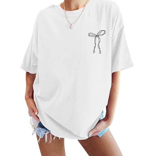 Pairxily Faith Over Fear Shirt Oversized Christian Cute Bow Shirts for Women Bible Verse Religious Tshirts Coquette Tops - White - Small thumbnail 3