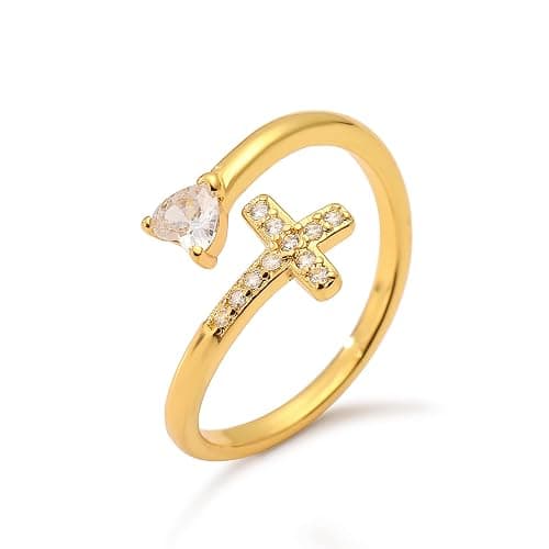 cmoonry 14K Gold Plated CZ Cross Heart Ring Eternity Promise Jewelry for Her - Image 1