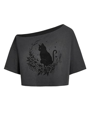SOLY HUX Women's Off The Shoulder Crop Tops Graphic Tees Y2k Short Sleeve Loose Fit T Shirts Streetwear - Image 1