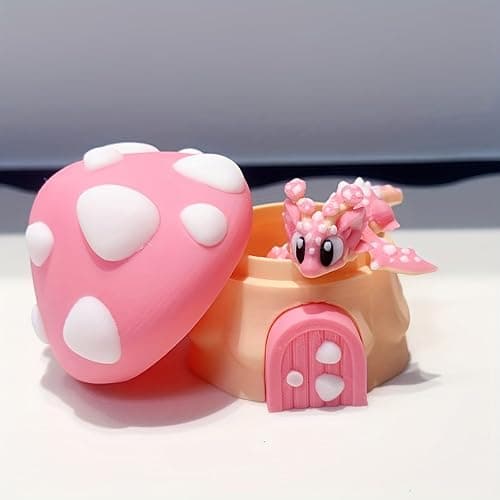 3D Printed Cute Mushroom House + Mushroom Dragon Toy Set,Cute Figurine Desktop Decorative Sculpture Ornament (Pink) thumbnail 4