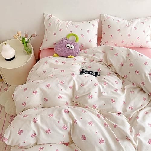 Nayoroom Bettwäsche 135x200 Mädchen Weiß mit Rosa Schleifen Kinder Bettbezug 2teilig Aesthetic Kawaii Schleifenmuster Microfaser Einzelbett Deckenbezug mit Reißverschluss und Kissenbezug 80x80cm - Image 1