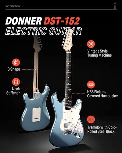 Donner DST-152R Electric Guitar, 39" Beginner Electric Guitar Kit, HSS Pickup with Coil Split, Guitar Starter Set with Amp, Bag, All Accessories, Metallic Ice Blue thumbnail 2