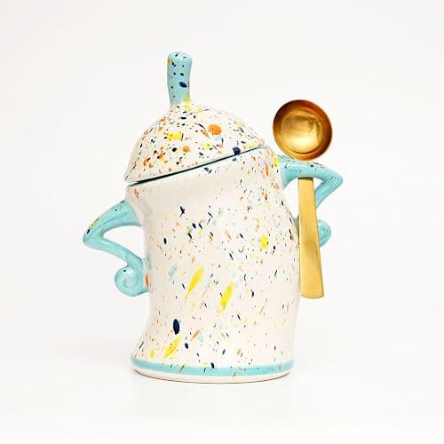 Canister With Attitude,Large Capacity Cute Sassy Tea Pot Storage with Airtight Lid Fun Food Jar Stylish Teapot Large Ceramics Lid, Creative for Coffee, Tea, Sugar, and Spices,With Spoon (Cyan) - Image 1