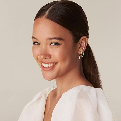 PAVOI 14K Gold Chain Earrings for Women | Double Piercing Dangle Chain Huggie Hoop Earrings | Cubic Zirconia Pearl Stud Ear Cuff Earrings for Women thumbnail 4