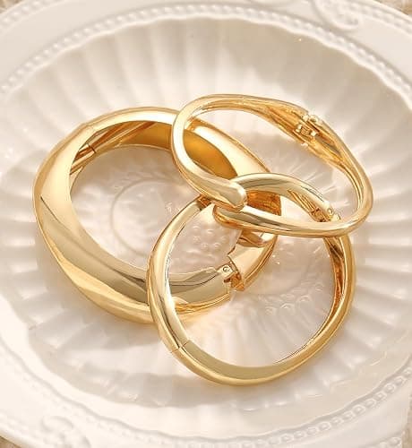 Chunky Gold Bangle Bracelets for Women, Dainty 14k Gold Plated Big Stackable Bangles Set, Trendy Statement Cuff Bracelet Stack Fashion Jewelry Gifts thumbnail 8