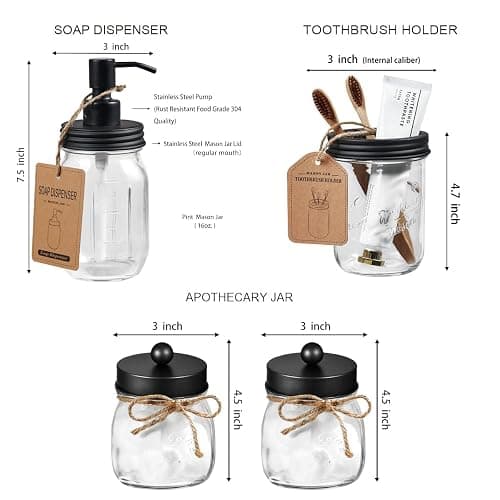 Amolliar Mason Jar Bathroom Accessories Set 4 Pcs -Lotion Soap Dispenser & 2 Cotton Swab Holders & Toothbrush Holder - Rustic Farmhouse Decor, Bathroom Home Decor, Perfect Decorating Idea (Black) thumbnail 3