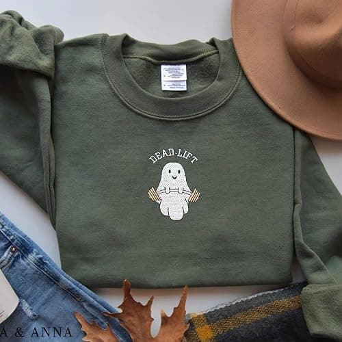 Embroidered Ghost Sweatshirt, Cute Ghost Dead Lift Sweatshirt,Spooky Season, Halloween Crewneck, Ghost Shirt thumbnail 3