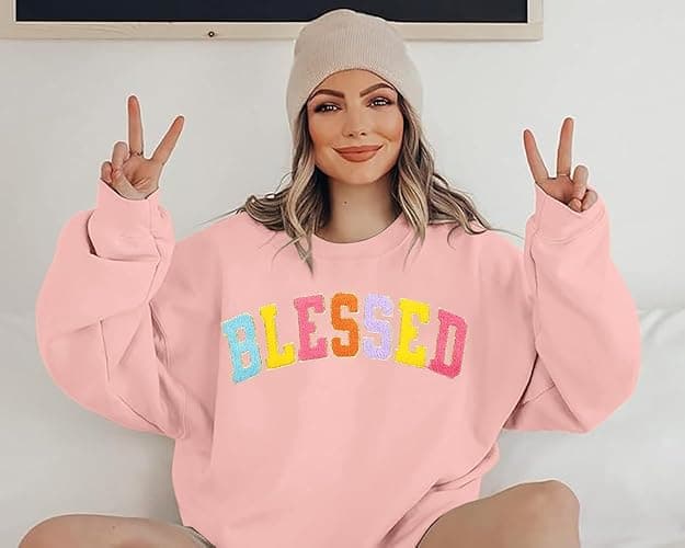 MNLYBABY Oversized Blessed Sweatshirt Women: Christian Shirt Blessed Chenille Pullover Fall Long Sleeve Tops - Pink - Medium thumbnail 4