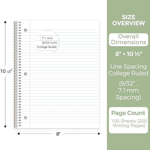 SKYDUE 8"x10.5" Spiral Notebook - College Ruled 100 Sheets, 1 Subject Notebook for School & Office, 3-Hole Punched Paper, Green thumbnail 2