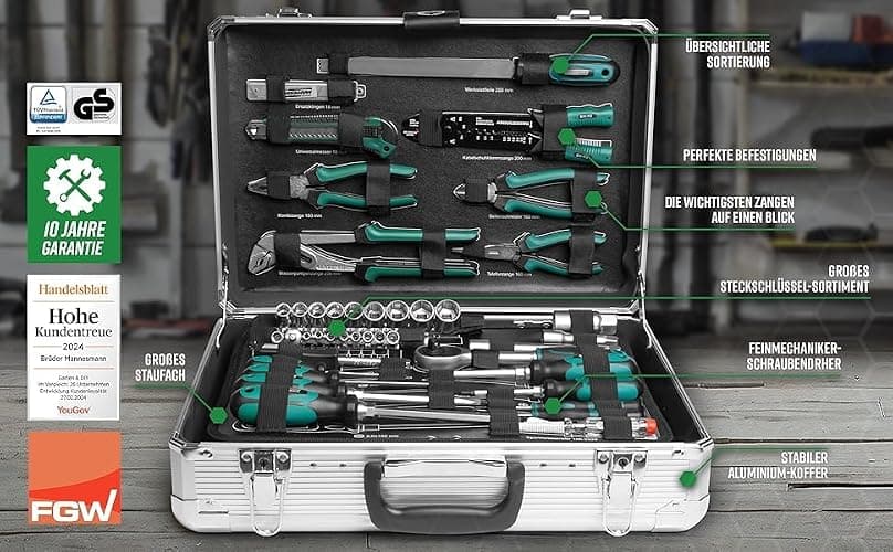 Brüder Mannesmann Werkzeugkoffer, 108-teilig, aus Aluminium - Werkzeugsatz mit Schraubendrehern, Zangen, Bitsatz, Steckschlüsselsatz, Hammer und mehr - Werkzeug aus Chrom-Vanadium-Stahl | M29075 thumbnail 3