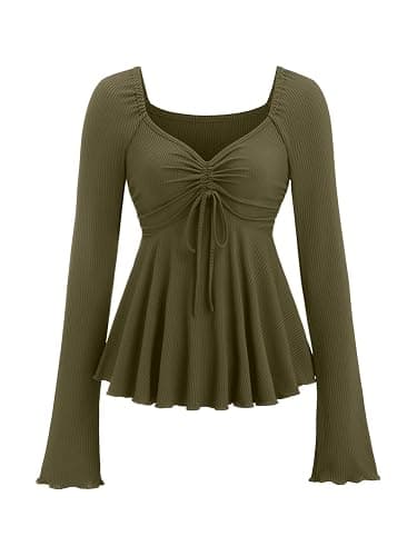 SOLY HUX Women's Peplum Tops Long Sleeve Babydoll Shirts Y2k Cute Tie Front Sweetheart Neckline Top - Image 1