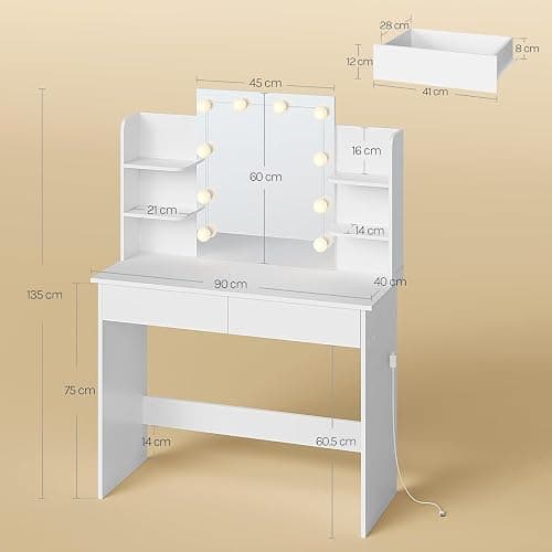 WOLTU Dressing Table, Vanity Desk, with Mirror and 10 Dimmable LED Bulbs, 2 Drawers and 4 Shelves, White Dressing Table, White, 90x40x135cm, MB6096ws thumbnail 2