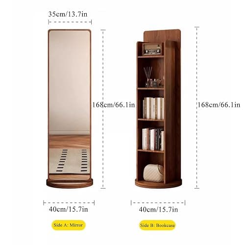 360º Swivel Full Length Mirror with 4-Tier Bookcase, Rotating Mirror with Shelves, 66.1×15.7in Full Body Standing Mirrors and Storage Rack for Bedroom, Living Room thumbnail 2