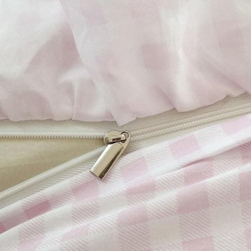 NSNLGSGC Pink Gingham Ruffle Duvet Cover Queen Size, 3 Pieces Soft Pre-Washed Microfiber Checked Plaid Comforter Cover Set, Vintage Farmhouse Bedding Set(Pink Gingham, Queen 90"x90") thumbnail 6
