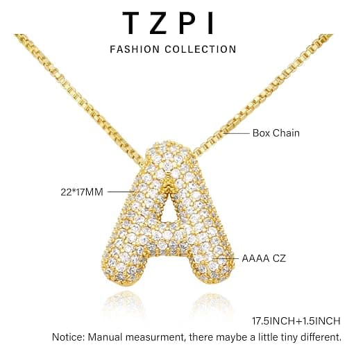 TZPI 18K Bubble Letter Necklace Gold for Women, Initial Necklaces Rhinestone Chunky Bubble Letter Necklace as Birthday Gifts Charm Puff Name Pendant Alphabet Necklaces Non Tarnish Gold Plated Jewelry - A Necklace thumbnail 5