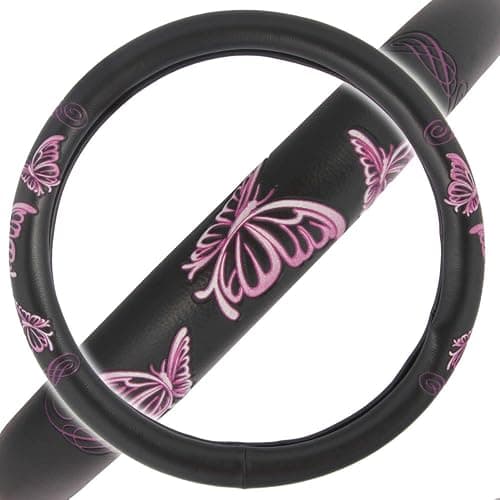 BDK Design Comfort Grip Steering Wheel Cover for Car SUV Van and Truck, 15 inch Standard Size, Pink Butterflies thumbnail 3
