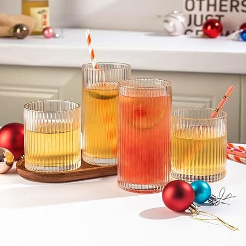 Lumkit Ribbed Drinking Glasses 6pcs, 12oz and 10oz Glassware, Tumbler Glasses Cup Set for Wedding, Party, Christmas Gift, Clear thumbnail 2