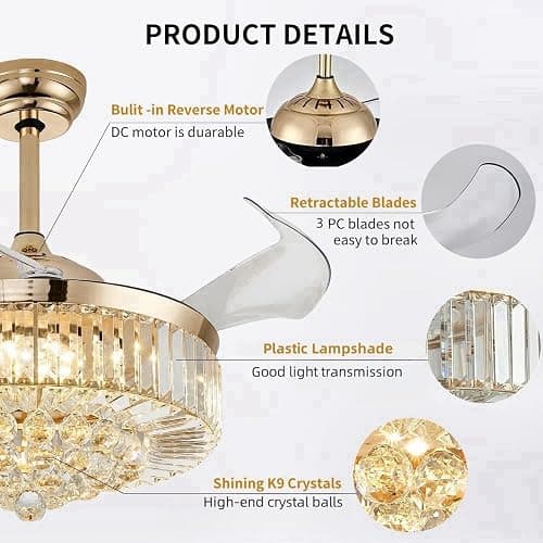 Deliyfans 42'' Fandelier Ceiling Fans with Light, Chandelier Ceiling Fan, Retractable Crystal Ceiling Fan for Bedroom, Living Room, 3 Color Change, LED Dimmable, 6 Speeds, Reversible DC Motor-Gold thumbnail 9