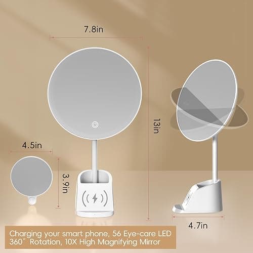 Yls Rechargeable Lighted Makeup Mirror with 1x/10x Detachable Magnification, Vanity Mirror with 3 Color Adjustable Lighting,Qi-Enabled Charging,and 360 °Rotating Design thumbnail 2