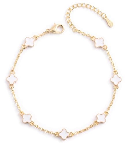 Billet-doux 14K Gold Plated Tiny Clovers Bracelet For Women, Very Small Dainty Gold Plated White/Black/Teal 4-Leaf Clovers Chain Bracelet, Mothers Day Gifts, 2026 Trendy Stackable Gold Jewelry - Image 1