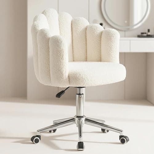 JMYXF Vanity Chair 360° Swivel Desk Office Chair Height Adjustable Makeup Dressing Table Chair for Home Office Bedroom Swivel Chair Teddy Fleece Modern Home Chair (Seashell White) - Image 1