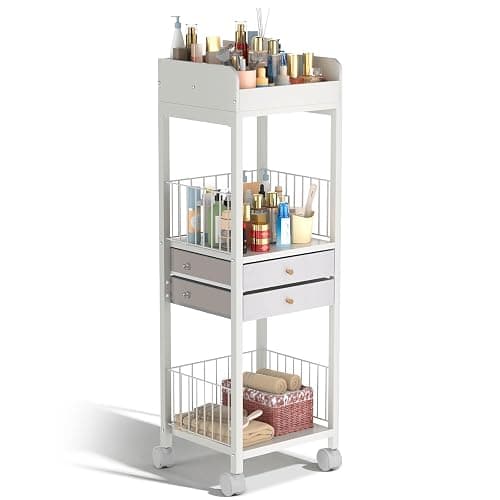 Rolling Makeup Cart Organizer, Floor Skincare Make Up Storage, Vanity Organizer with 2 Non-woven Fabric Drawers, Cosmetic Display Holder for Skin Care, Perfume, Nail Polish, Makeup Brush, Hair Tool - Image 1